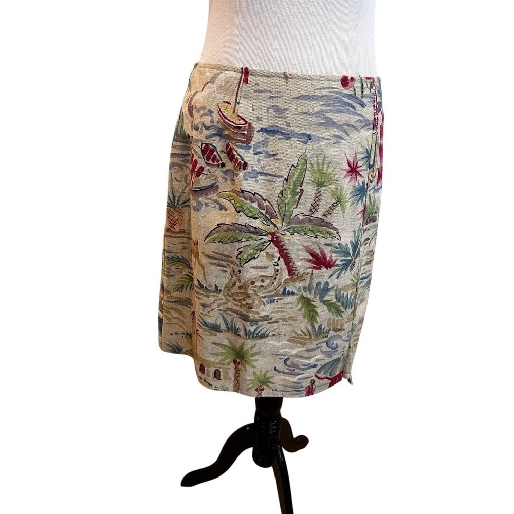 Tropical Pencil Skirt‎ Scenic Palm Tree Island Print Size 12 Cotton Rayon